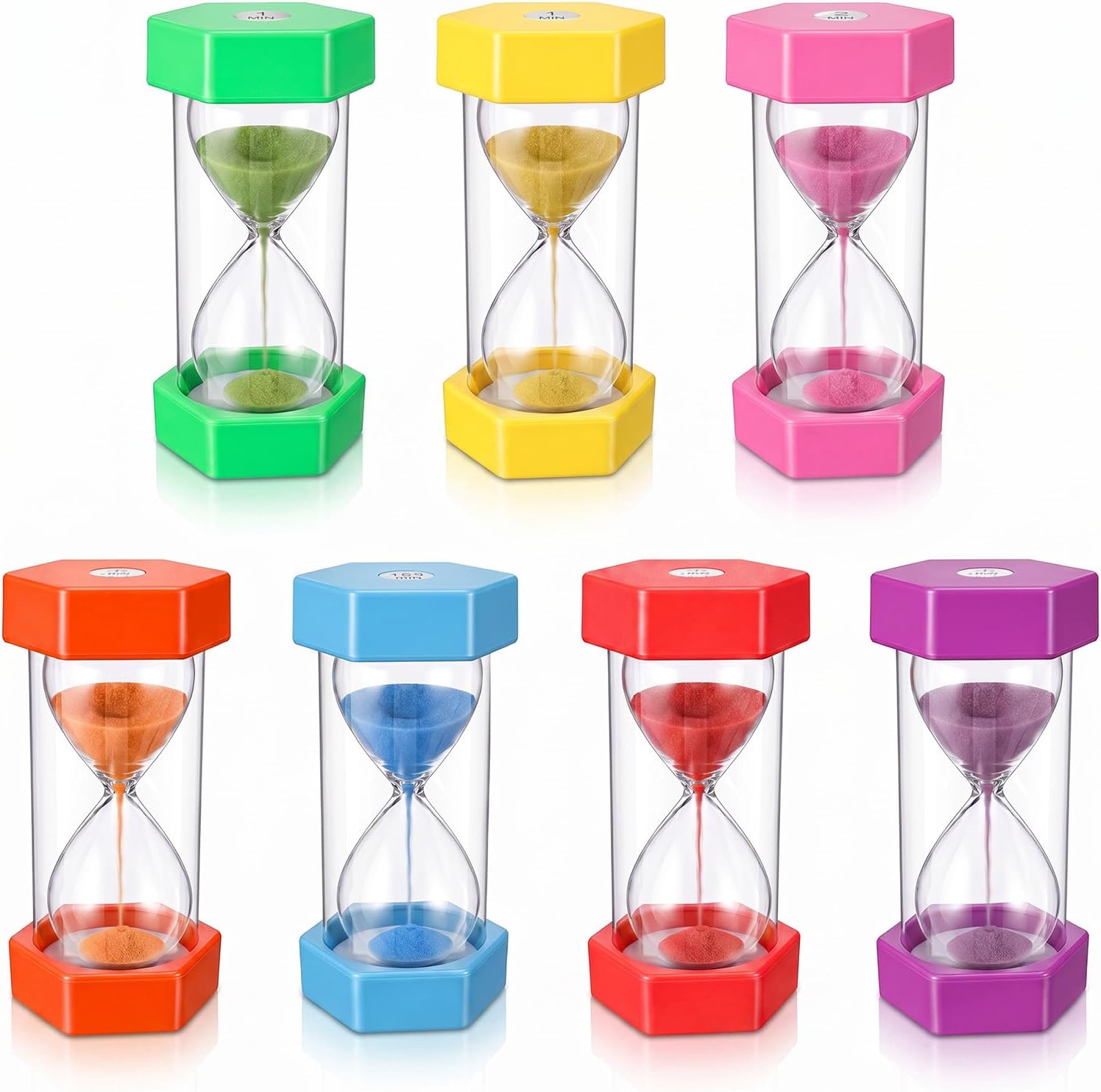 7 Pcs Sand Timers Set, 1/3/5/10/15/20/30 Minutes Plastic Hourglass Sand Clock, Colorful Visual Sandtimer for Office Kitchen (Purple/Red/Green/Pink/Blue/Orange/Yellow, 5.1 x 2.5 in)