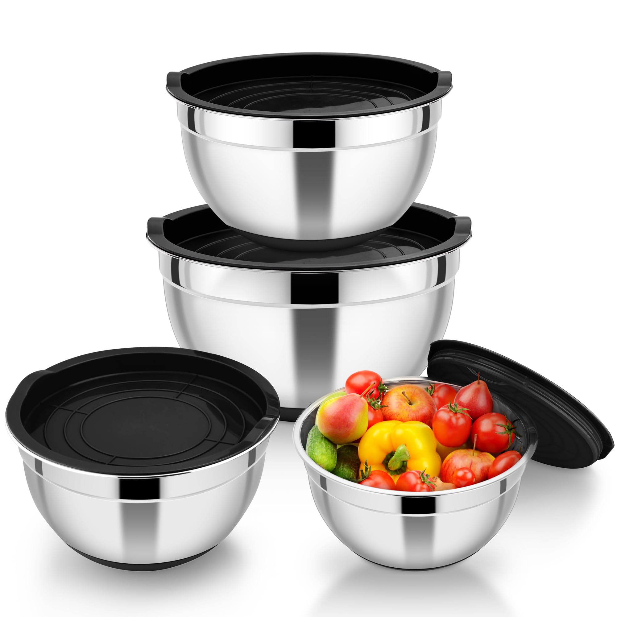 HaWare Lot de 4 saladiers en acier inoxydable avec couvercle hermétique et fond en silicone, idéal pour la cuisson, le stockage de la pâtisserie, empilables et lavables au lave-vaisselle, 4,6 l/2,8 l