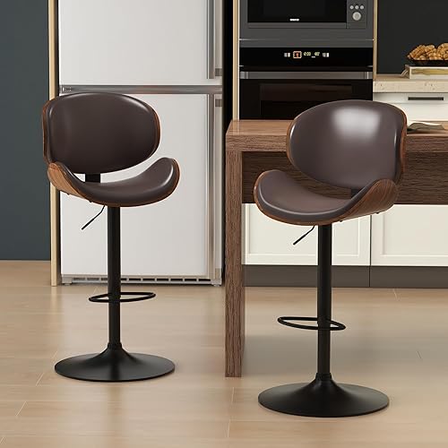 Miniatura 2 de KCC Juego de 2 taburetes de bar giratorios de altura ajustable, sillas de bar tapizadas de piel sintética con reposapiés, taburete de bar de madera