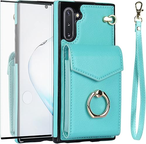 Miniatura 7 de Asuwish Funda de teléfono para Samsung Galaxy Note 10 5G con protector de pantalla de vidrio templado y anillo de bloqueo RFID, tarjetero de cuero
