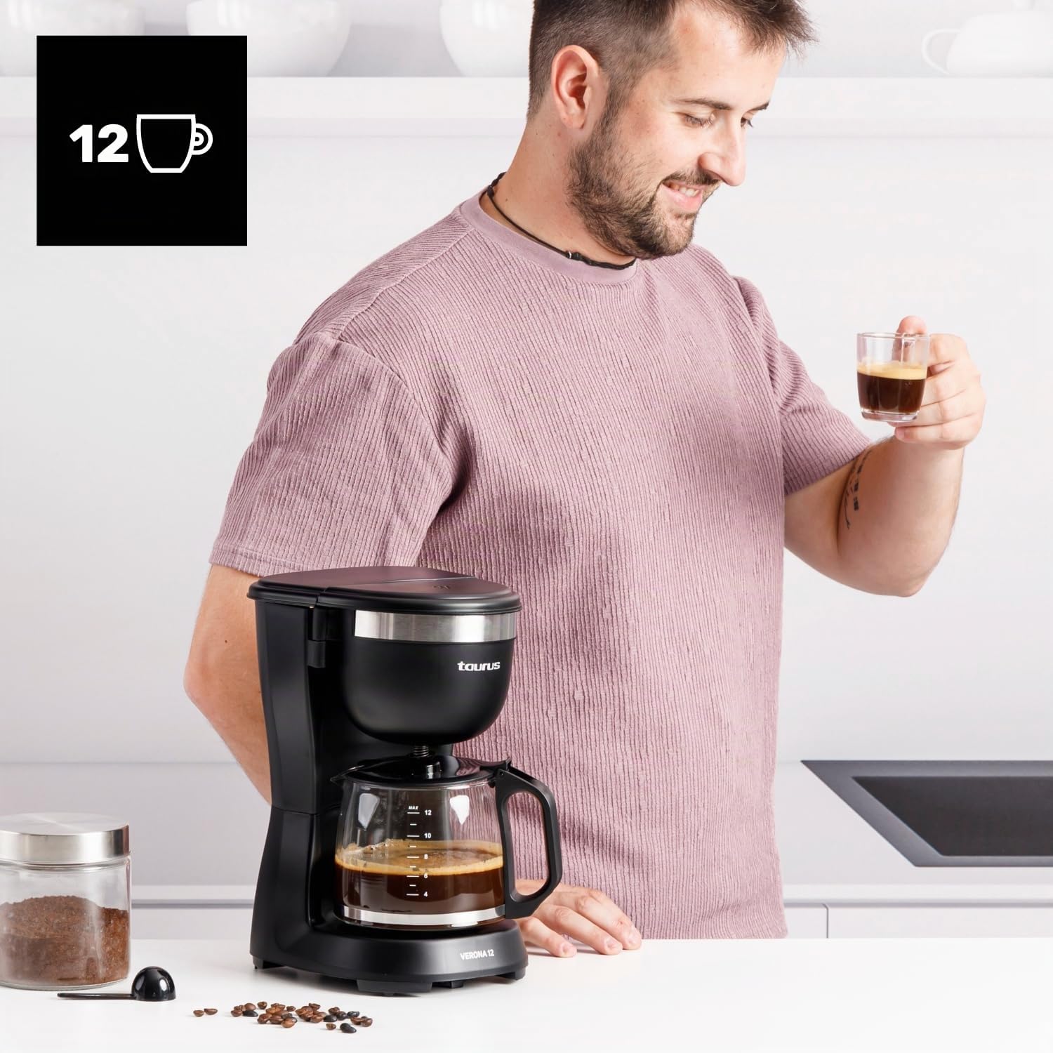 Taurus - Cafetière filtre Verona 12 + 680 W | Capacité 1,25 L, 12 tasses | Filtre permanent lavable | Bec anti-goutte | Sans BPA | Arrêt auto | Compacte | Noir