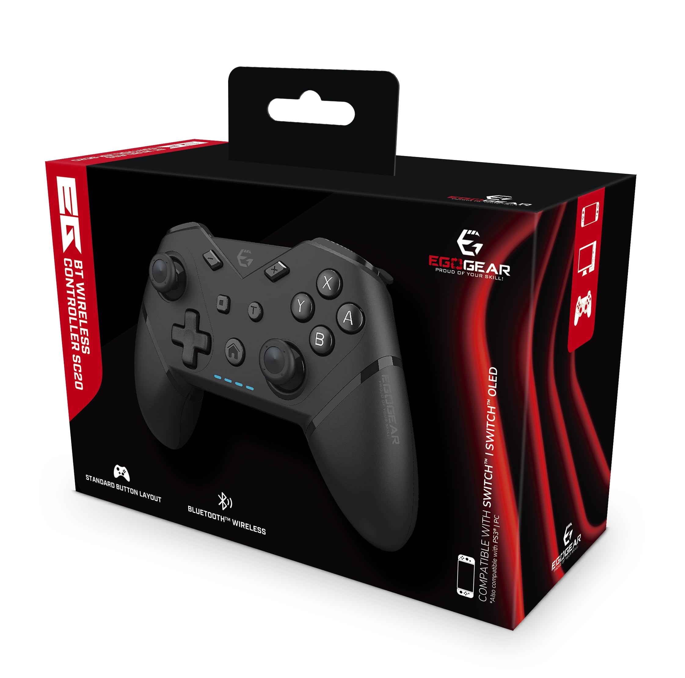 EgoGear - Mando inalámbrico SC20 Negro para Nintendo Switch, Switch OLED, PS3 y PC - Indicador de carga y número de jugador - Diseño ergonómico - 550mAh