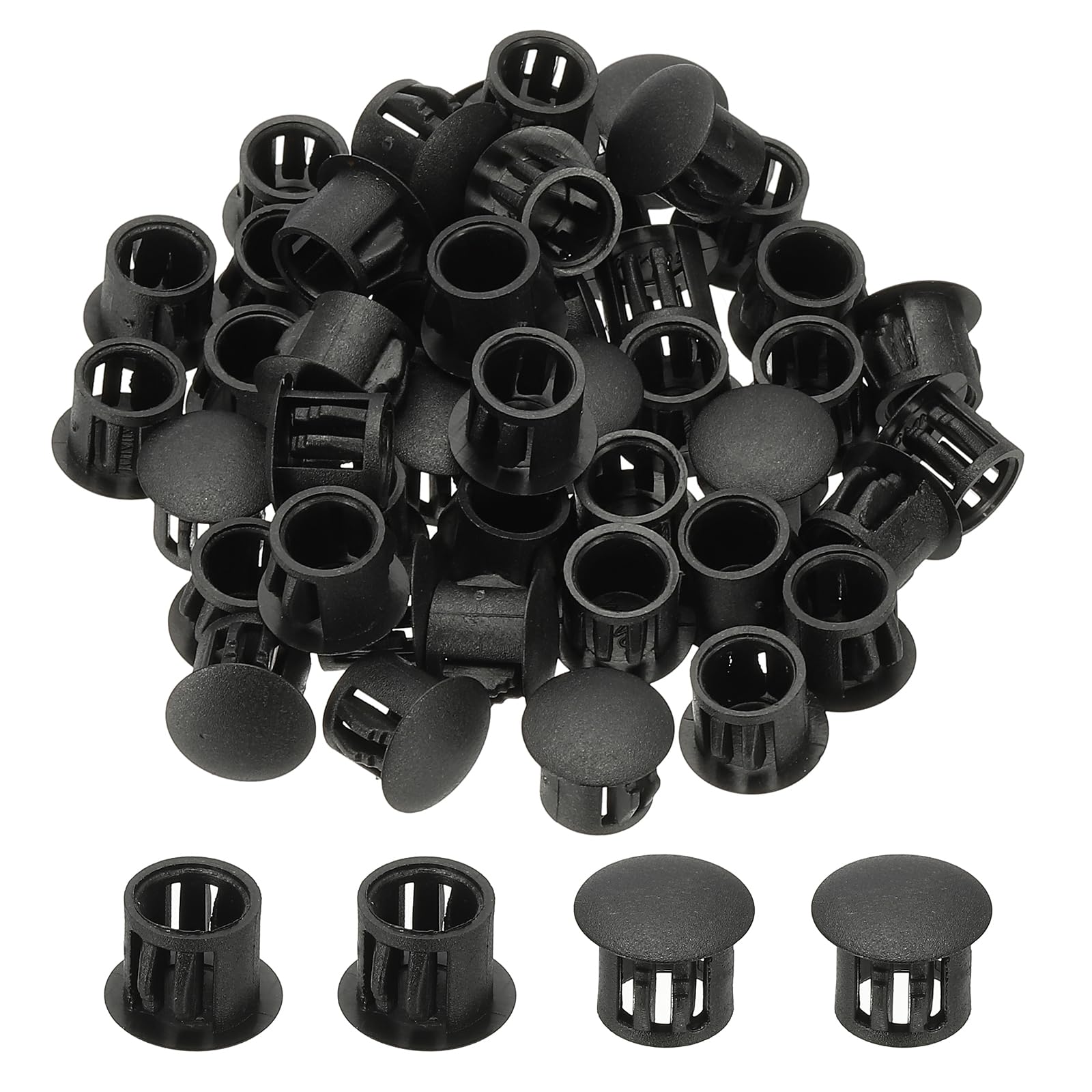 PATIKIL Plastic Screws Hole Plugs, 99 Pcs 2/5"(10mm) Round Plastic Hole Caps Snap Desk Grommet Buckle Knockout Locking Covers Furniture Insert End Cap for Kitchen Cabinet, Black