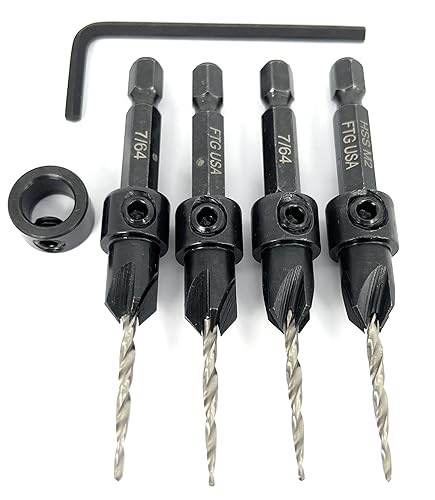 Miniatura 7 de FTG USA Juego de 4 brocas avellanadoras #4 (764 pulgadas), broca cónica, collar de tope, llave hexagonal para carpintería