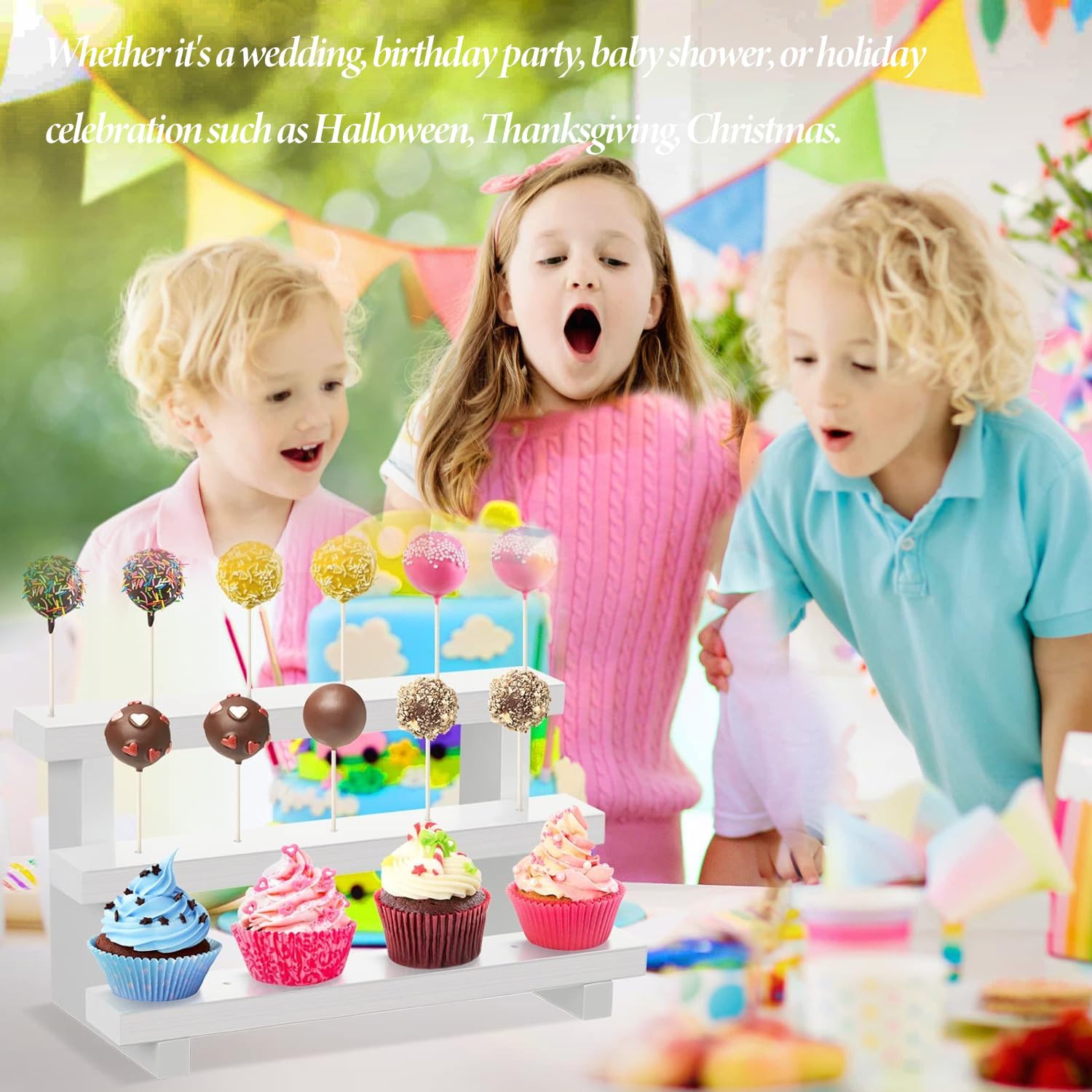 2 Pcs 3-Tier 18 Holes Lollipop Holder with Wooden Stand, Halloween Lollipop Stand Display, Lollipop Holder Stand – Includes 100 Lollipop Sticks, 100 Treat Bags, and 100 Twist Ties