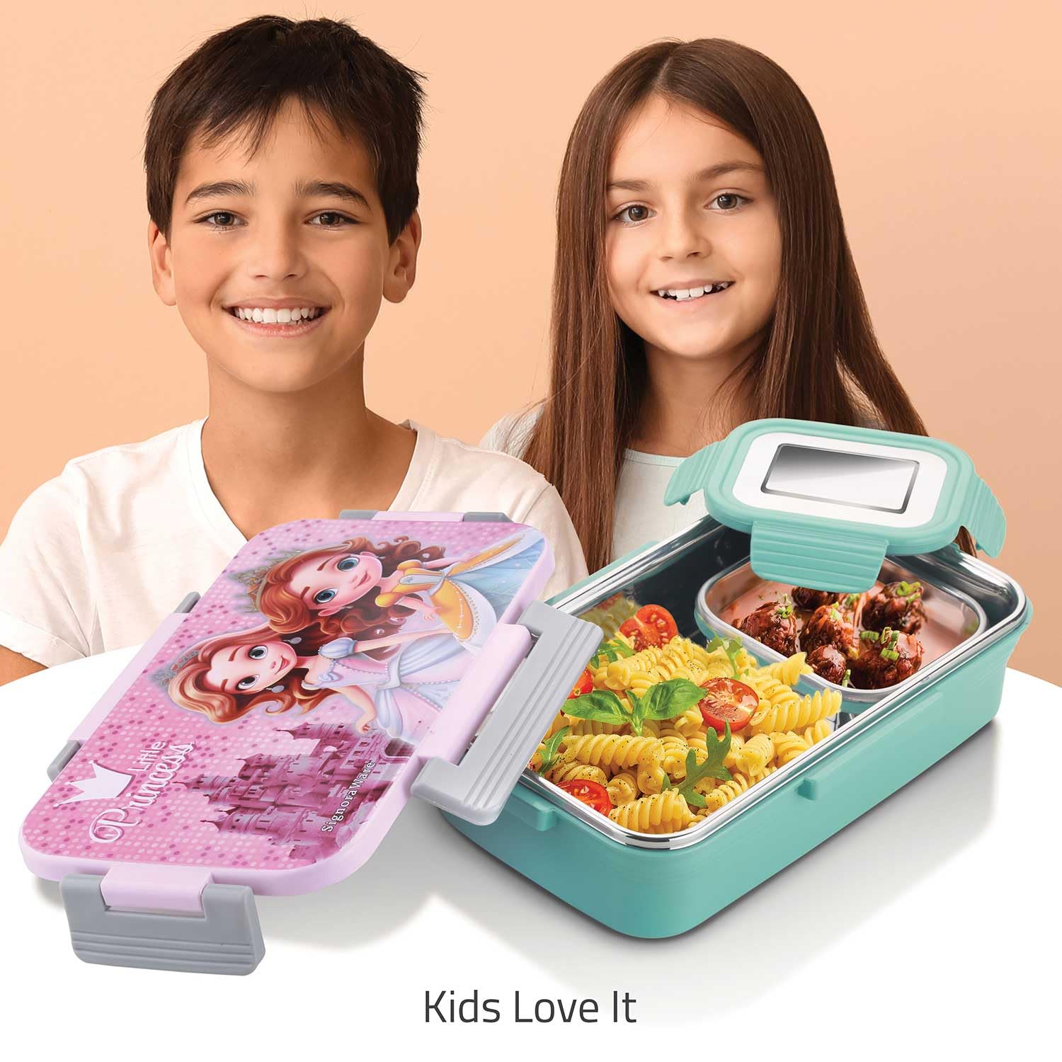 Signora Ware Nugget Printed Stainless Steel Lunch Box | Airtight & Leakproof | Maintain Crispness & Freshness | Ideal for School Kids | Great for Picnic & Outdoor Activities (700ml + 130ml | Pink) — Amazon image 3