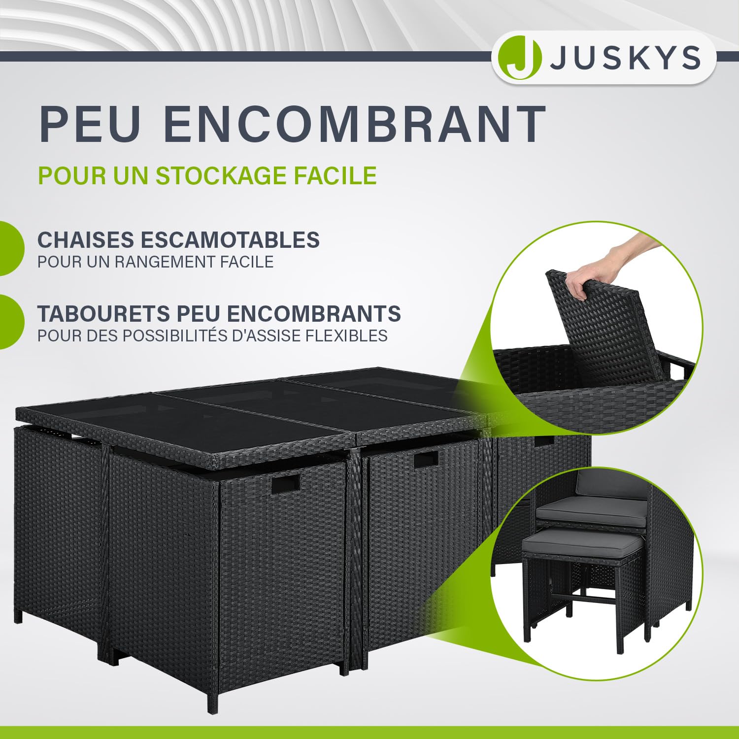 Juskys Groupe de sièges en polyrotin Baracoa XL 11 pièces résistant aux intempéries et empilable - Ensemble de mobilier de Jardin avec 6 chaises, 4 tabourets et Table - Noir, 10 Personnes