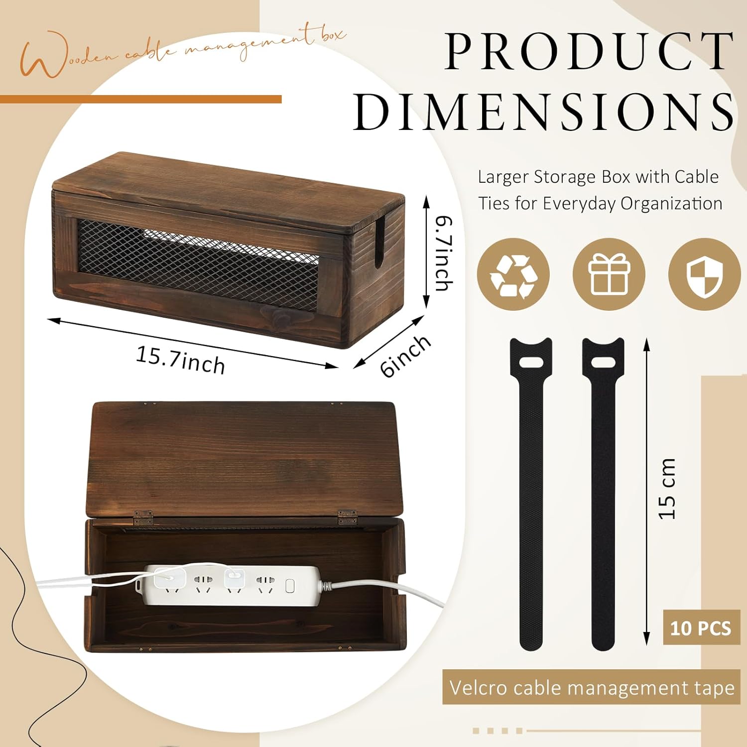 Chunful Extra Large Cable Management Box, 16'' Wood Cord Hider Organizer with Magnetic Lid & Organizer for Power Strip, TV Wires & Desk Cable Storage, Ventilation Hide Floor Cables