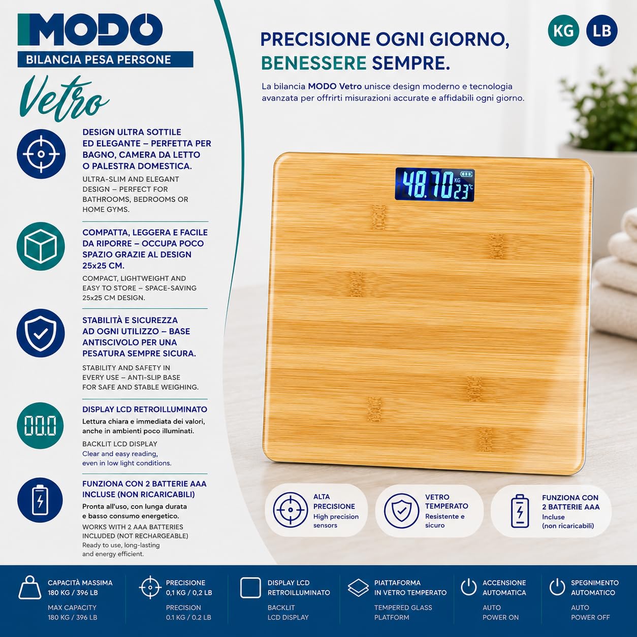IPEA Bilancia Pesapersone Digitale Ultra Sottile color Legno - Tecnologia STEP ON - Massima Precisione Peso - Design Elegante in Vetro Temperato - Display Misurazione precisa 0,1 KG - Max 180Kg