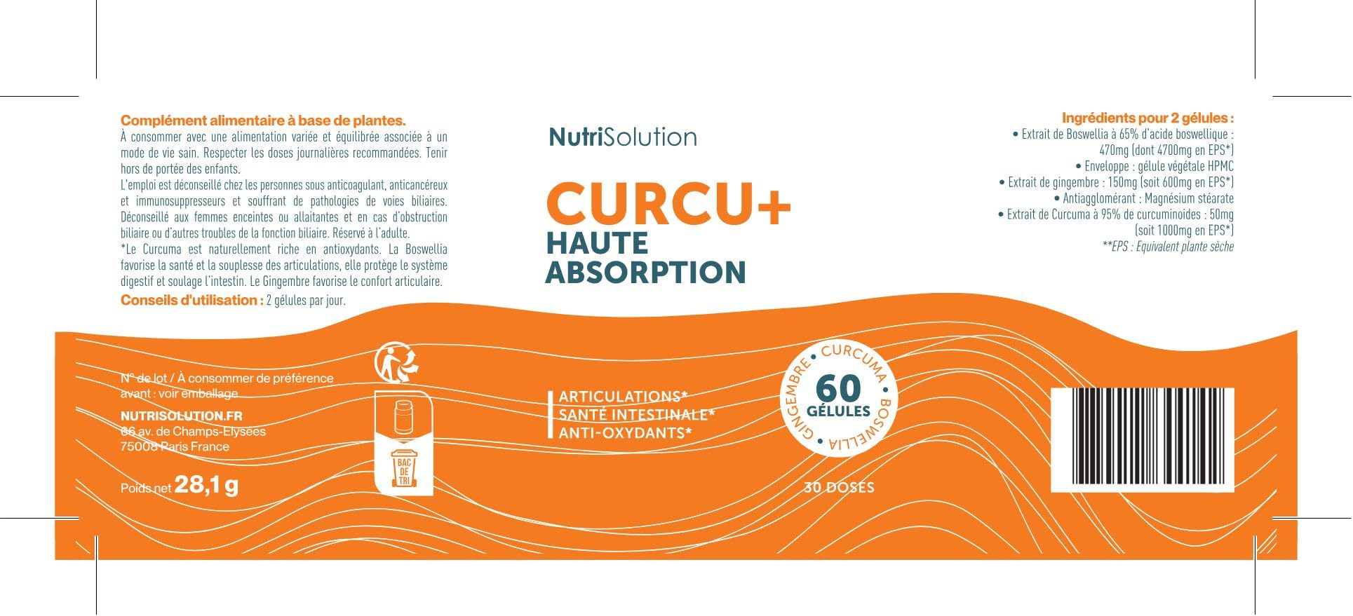 Nutrisolution I Curcu + Curcumin Base Plante I 60 Gélules Haute Absorption I Complément Alimentaire I Articulation, digestion, immunité I Gingembre Curcumonoïdes Curcuma I Fabriqué en France