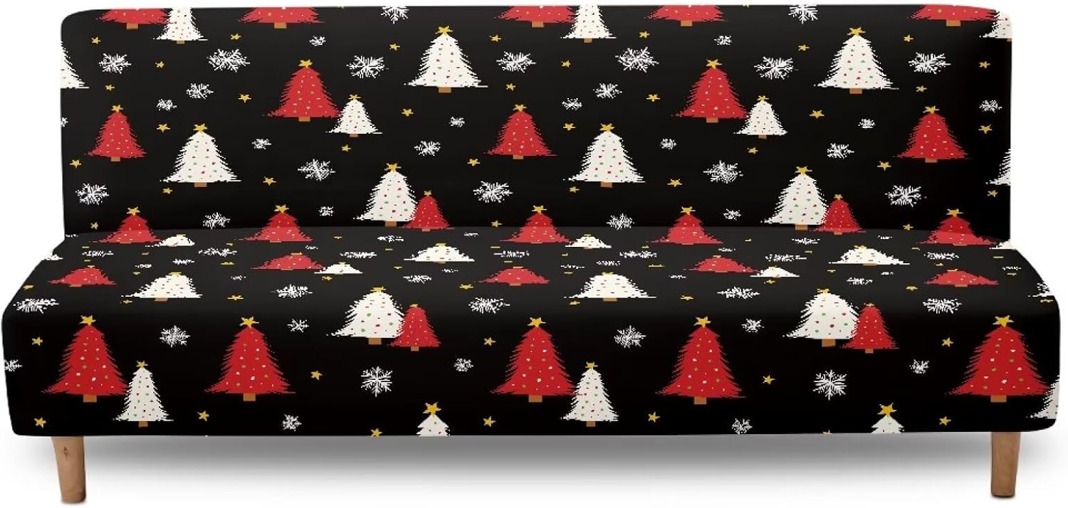 Christmas Futon Cover Love Seat Couch Cover Stretch Armless Sofa Slipcover Waterproof Machine Washable Easy to Clean for Holiday Home Decor