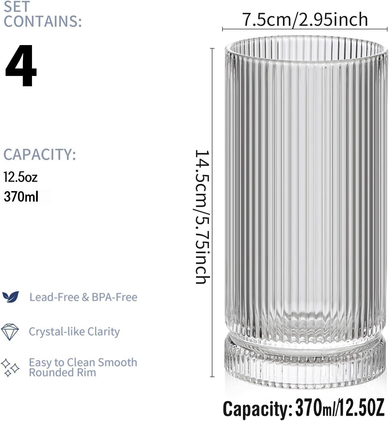 Glass Cups Vintage Glassware Set of 4 Large, Origami Style Transparent Cocktail Glasses Set, Bar Beverages Ice Coffee Cup Juice Ripple Drinkware, Fluted Design - Image 2