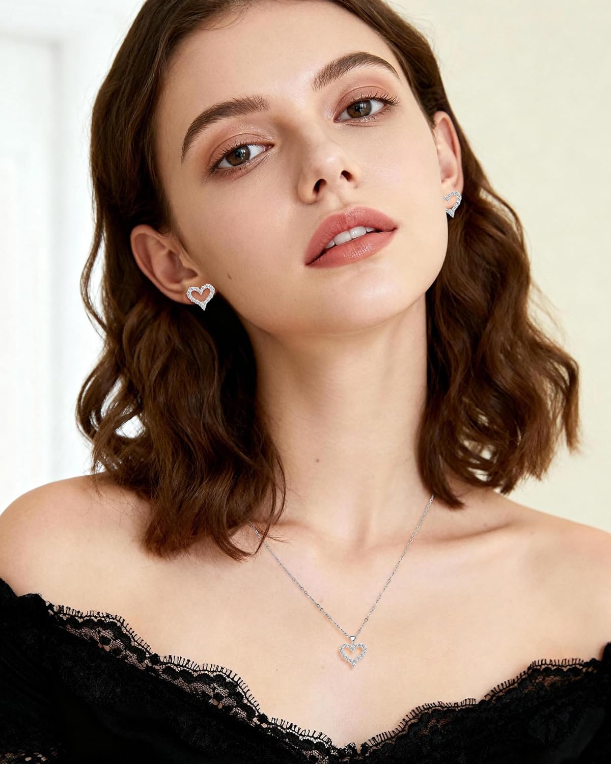 Silver Heart Jewelry Set for Women - Matching Heart Necklace and Earrings Set with Zircon Accents, Love Jewelry Sets for Christmas, Anniversary, Valentine's Day Gifts - Image 2