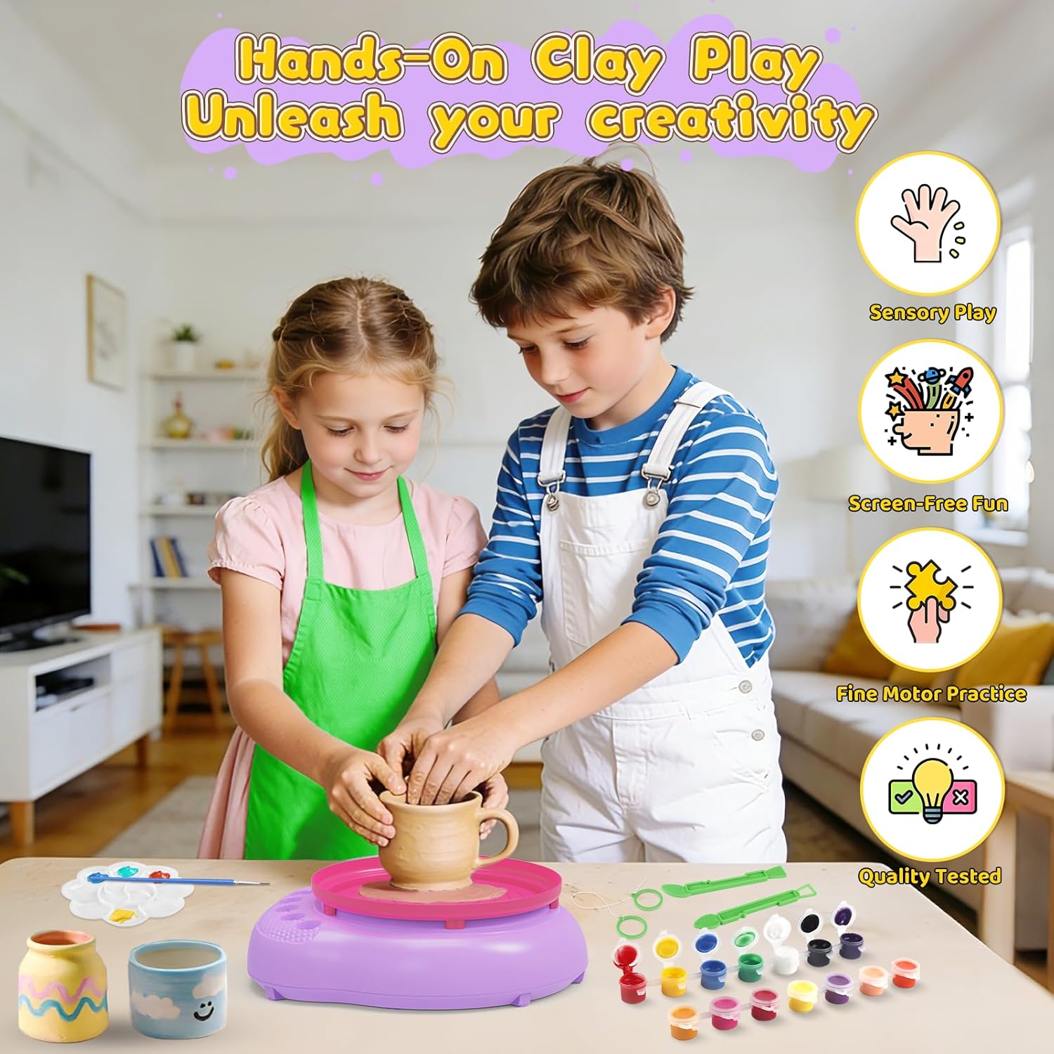 Pottery Wheel for Kids Complete DIY Pottery Painting Kit, Arts and Crafts for Kids Ages 8-12 with 3 Air-Dry Clay Packs and Tools, Art Supplies Toys Birthday Easter Gift for Boys Girls 6+ Years Old
