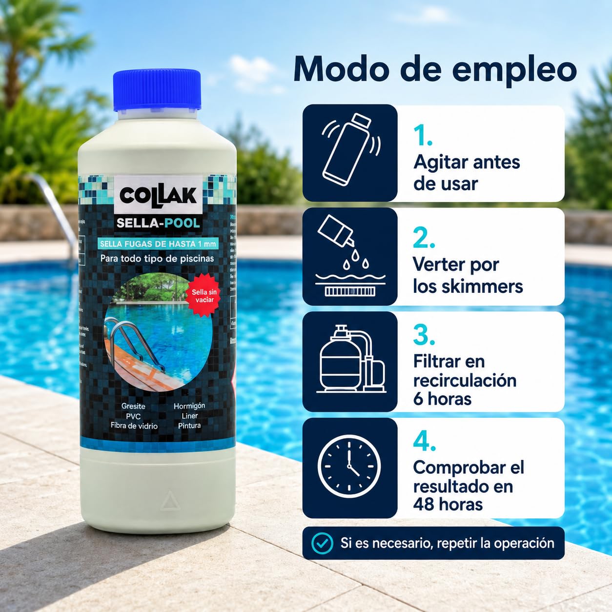 Collak Sigillante per perdite per piscina Seala-Pool 1L - Ripara crepe senza vuoto - Compatibile con Liner, Calcestruzzo, PVC, Fibra, SPA, Serbatoi e Tubi - Uso professionale e domestico