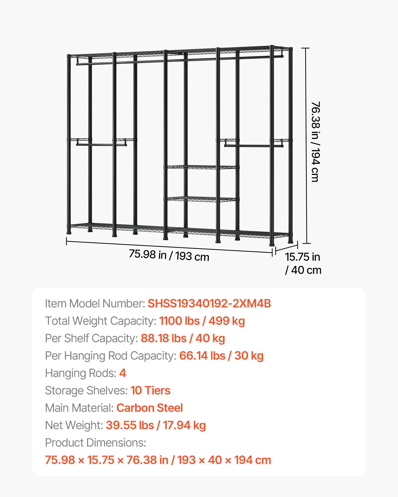 VEVOR Perchero Ajustable, con 4 Barras, Capacidad de Carga de 499 kg y 10 Estantes, Armario Abierto Resistente para Dormitorio, Tienda de Ropa, Guardarropa y Pasillo, Negro, 193 x 40 x 194 cm
