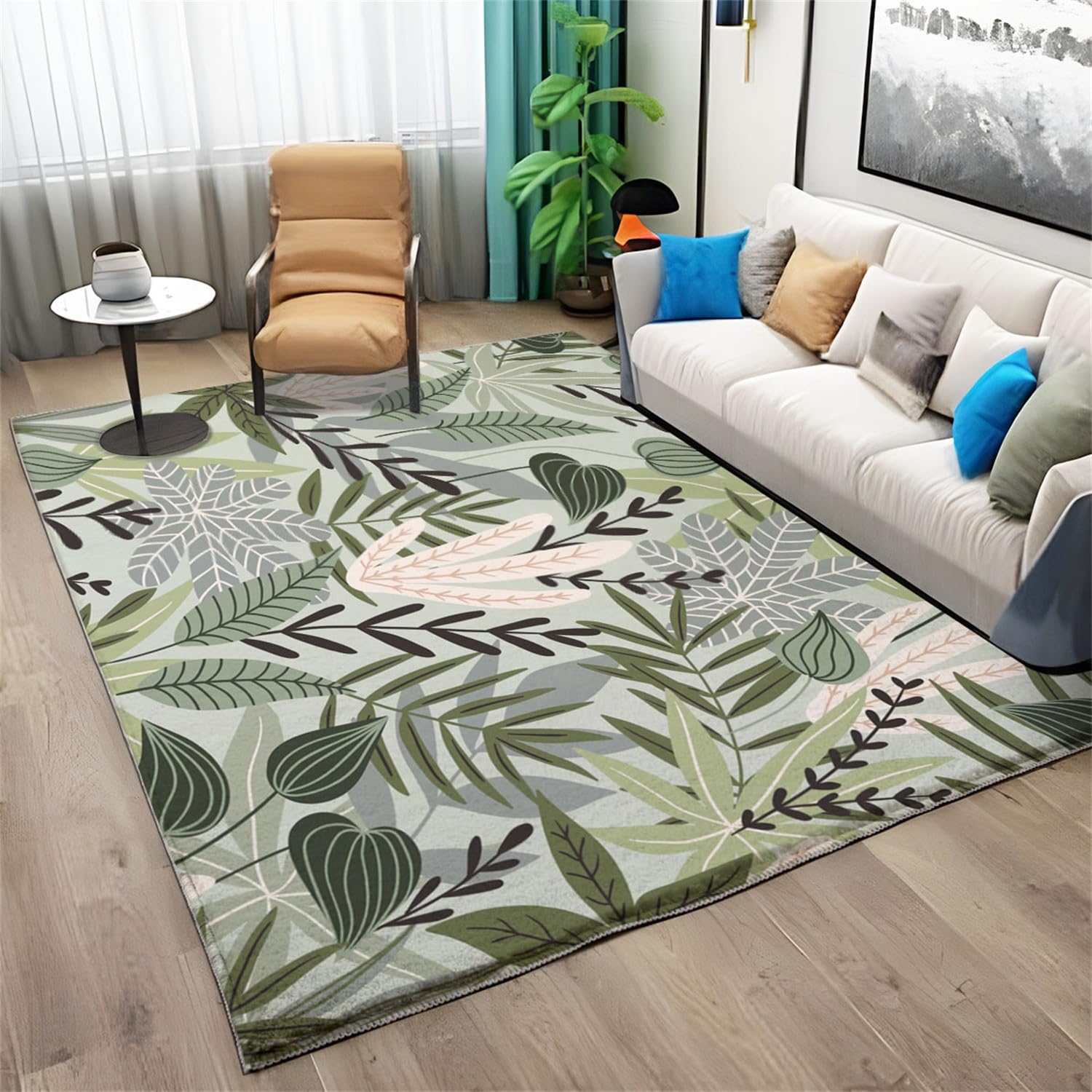 Grand Tapis Douce à Poils Courts pour Salon, Chambre à Coucher 160x230cm, Tapis Impression de Feuilles de Plantes Antidérapant Lavable Tapis Vert Sauge Antifouling, Chambre d'enfants Décoratif