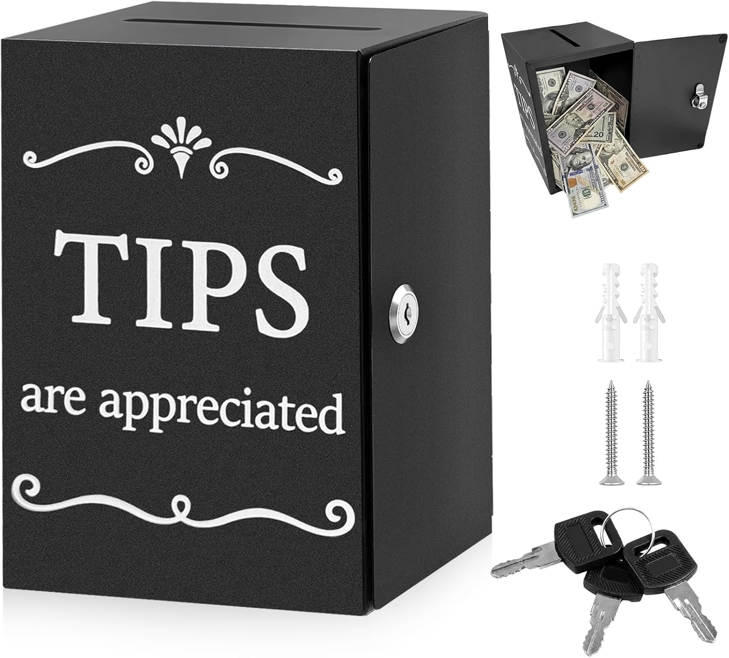 Metal Tip Jar with Slot and Lock, Safe Tip Box for Money, Black Donation Box Suggestion Boxes,Cash Money Storage Container for Bartender Musicians Waiter Barista(Large)