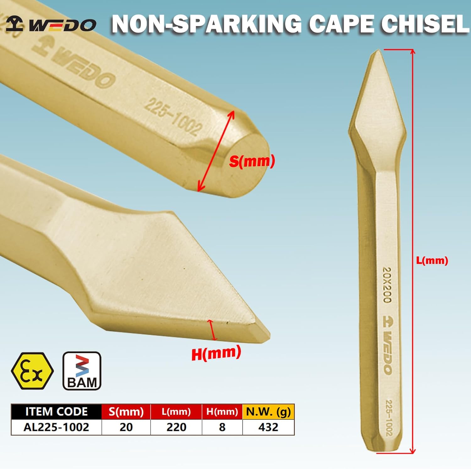 WEDO Non-sparking Cape Chisel, Spark-free Safety Cape Chisel, Industrial-grade, Aluminum Bronze, DIN Standard, BAM & FM Certificate, 20x200x8mm