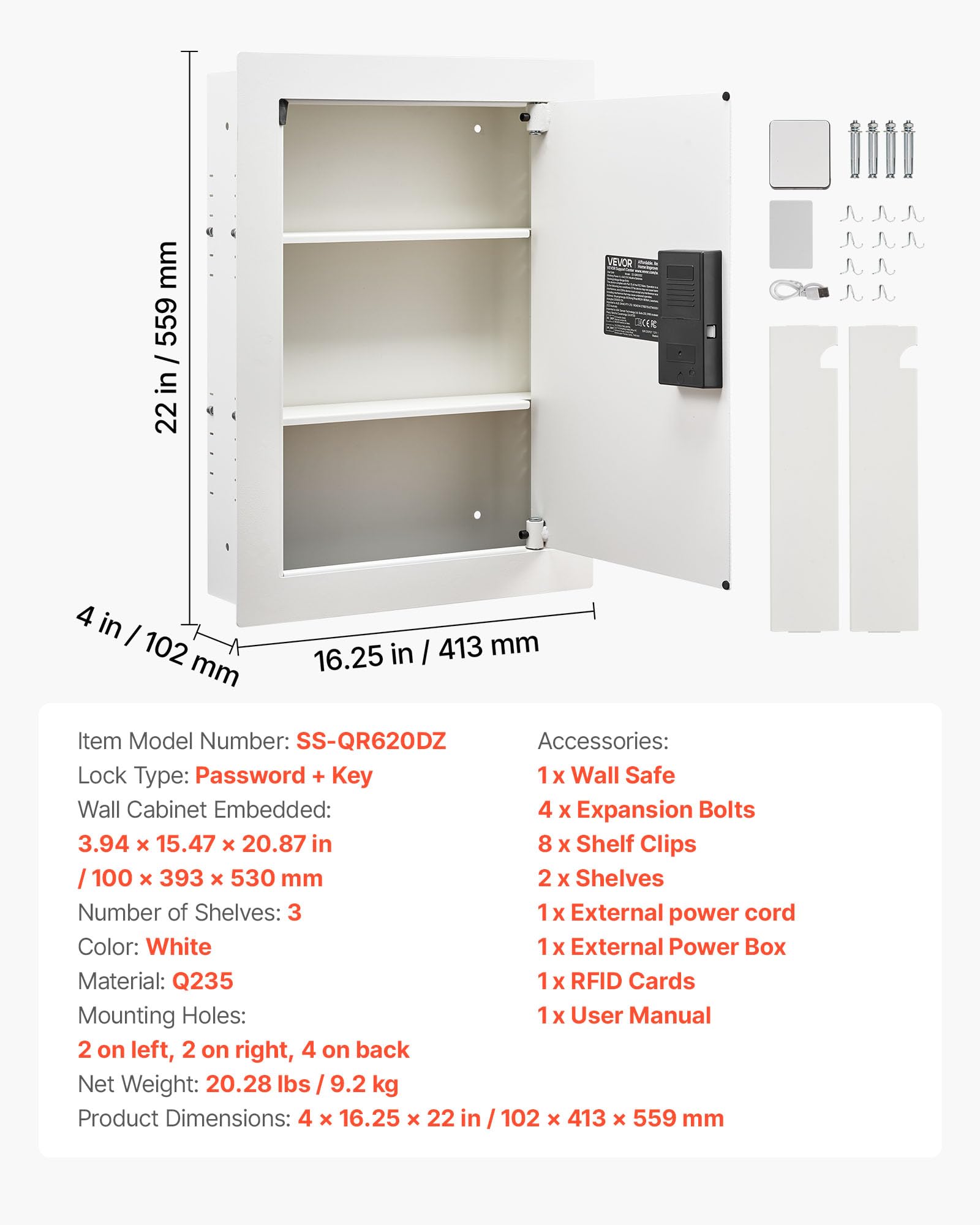 VEVOR Cassaforte a Muro da 102 x 413 x 559 mm con Password e Chiave, Alloggiamento Integrato in Acciaio Laminato a Freddo Q235 con Ripiani Regolabili e Illuminazione a LED, per Denaro, Gioielli