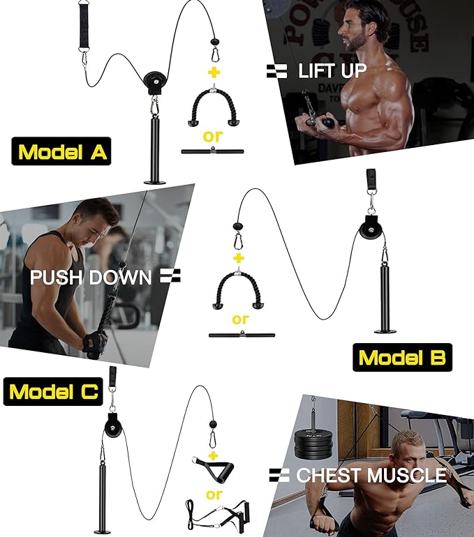 The Naoeleii Weight Pulley System provides three distinct exercise modes, allowing you to switch between workouts seamlessly. The heavy-duty tricep rope is perfect for pushdowns, bicep flexion, and multi-row movements, delivering targeted muscle engagement. The LAT Pull Bar enhances arm, wrist, and forearm strength through pull-ups and pull-downs, while the pull-down cable handle with line is ideal for performing single-arm high rows and chest flies, effectively engaging your chest muscles. This adaptability ensures that your workout remains dynamic and challenging.