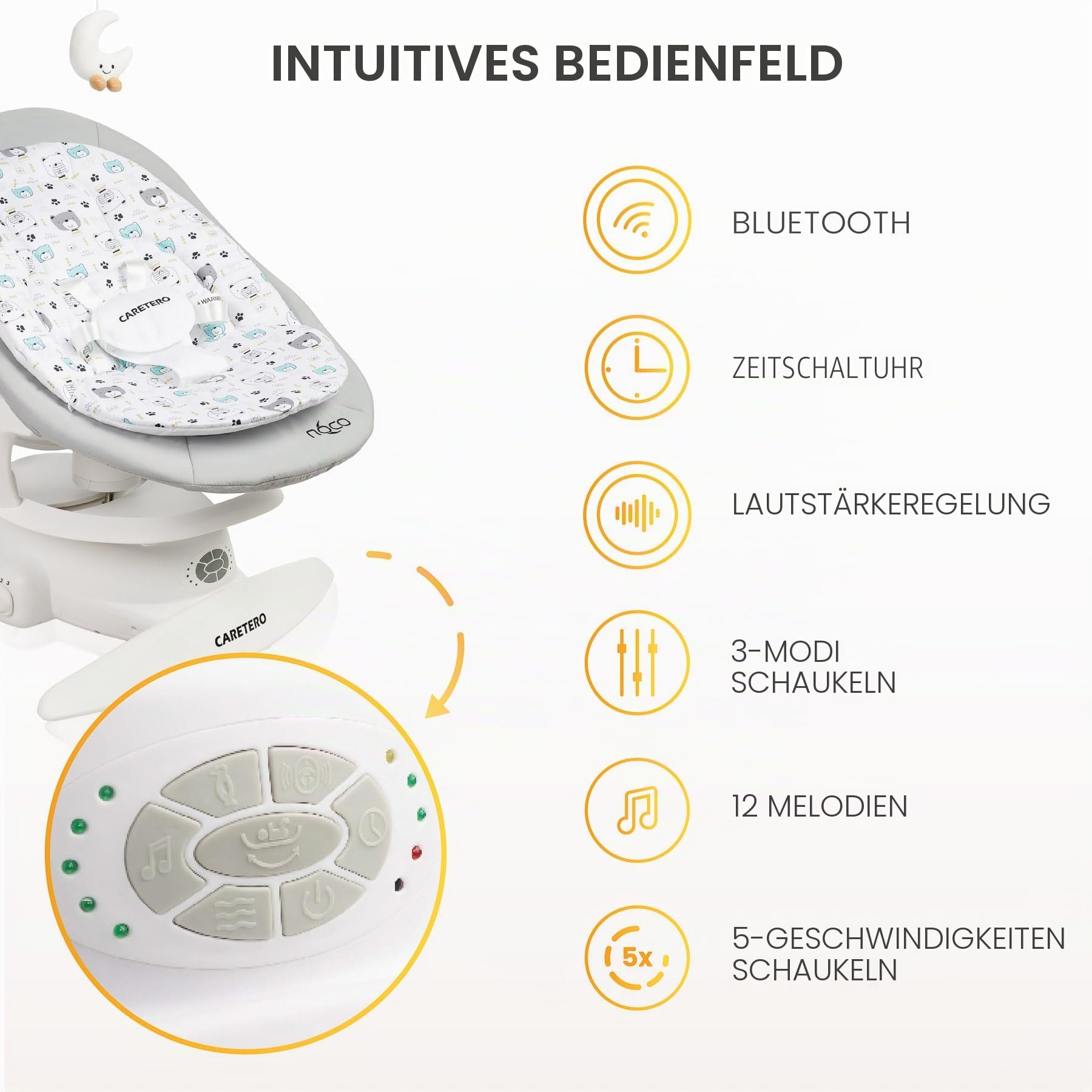 CARETERO - NOCO Baby Rocker - für Babys 0-12 Monate - mit Musik, 360° Drehsitz, Verstellbarer Rückenlehne - Verschiedene Schaukelmodi & Geschwindigkeiten - Graphit