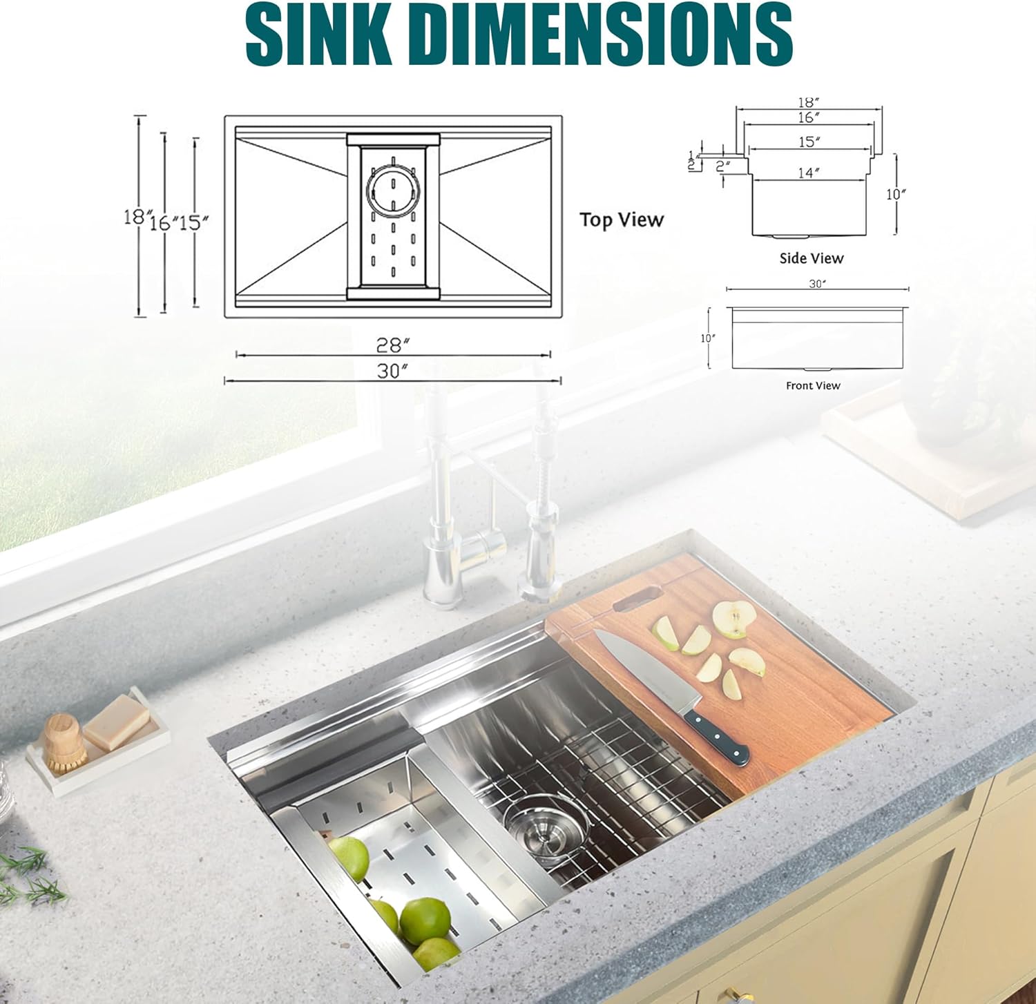 Kitchen Sink – 30" Stainless Steel Workstation with Bottom Grid, Colander, Cutting Board & Drain, Undermount Rectangular Single Bowl – 16 Gauge, Low Condensation HP-ZR3018L-PCK
