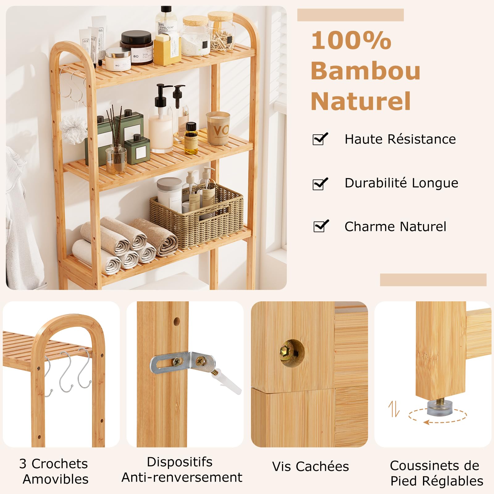 GOPLUS Meuble WC au-Dessus des Toilettes en Bambou, Étagère Toilette à 3 Niveaux avec 3 Crochets et Barres Réglable, Meuble Salle de Bain et Buanderie, 71,5 x 25 x 166 cm (Naturel)