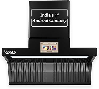Beyond Appliances Orion 90cm Auto Clean Kitchen Chimney | 1600 CMH Suction | Filterless | Smart Touchscreen Display & Speaker | Baffle Plates | Touch Control | Black Finish.