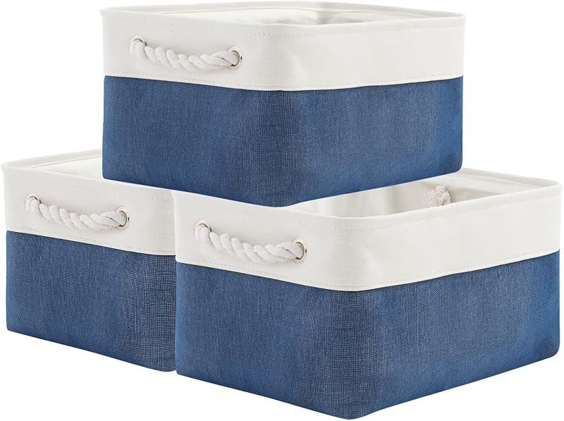 Cesta de almacenamiento para organizar – Paquete mediano de 3 cubos de almacenamiento de tela de 14 x 10 x 7 pulgadas para estantes con cuerda, contenedor de almacenamiento plegable para organizador, armario, juguete de regalo (blanco y azul vaquero)