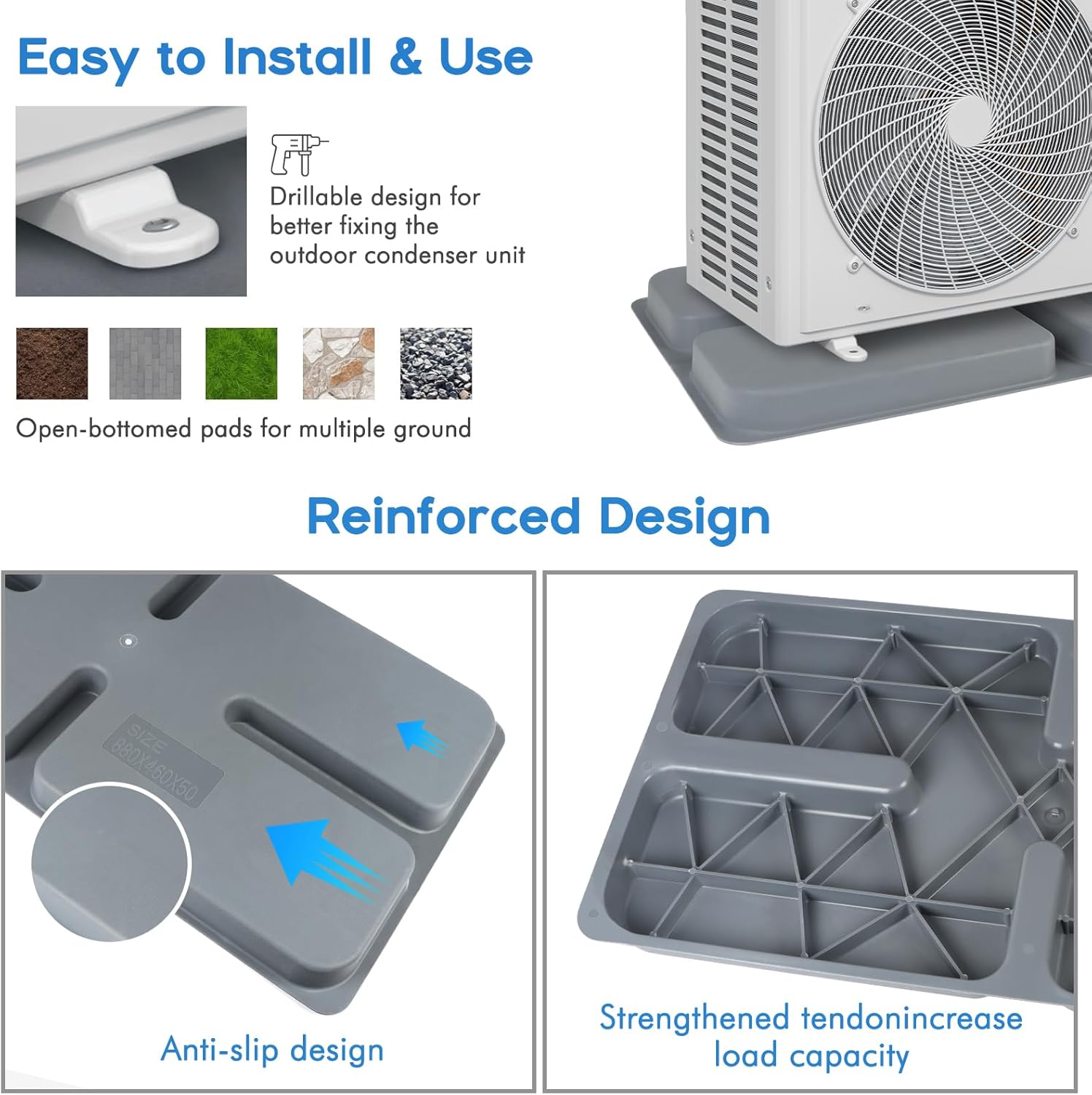 Kodilin Mini Split Pad 34.7" x 18.1" x 2" Condenser Pad - Universal Anti-Vibration Base for Outdoor AC Units | All-Weather PP Material | 800lb Capacity | Noise Reducing & Non-Slip Design