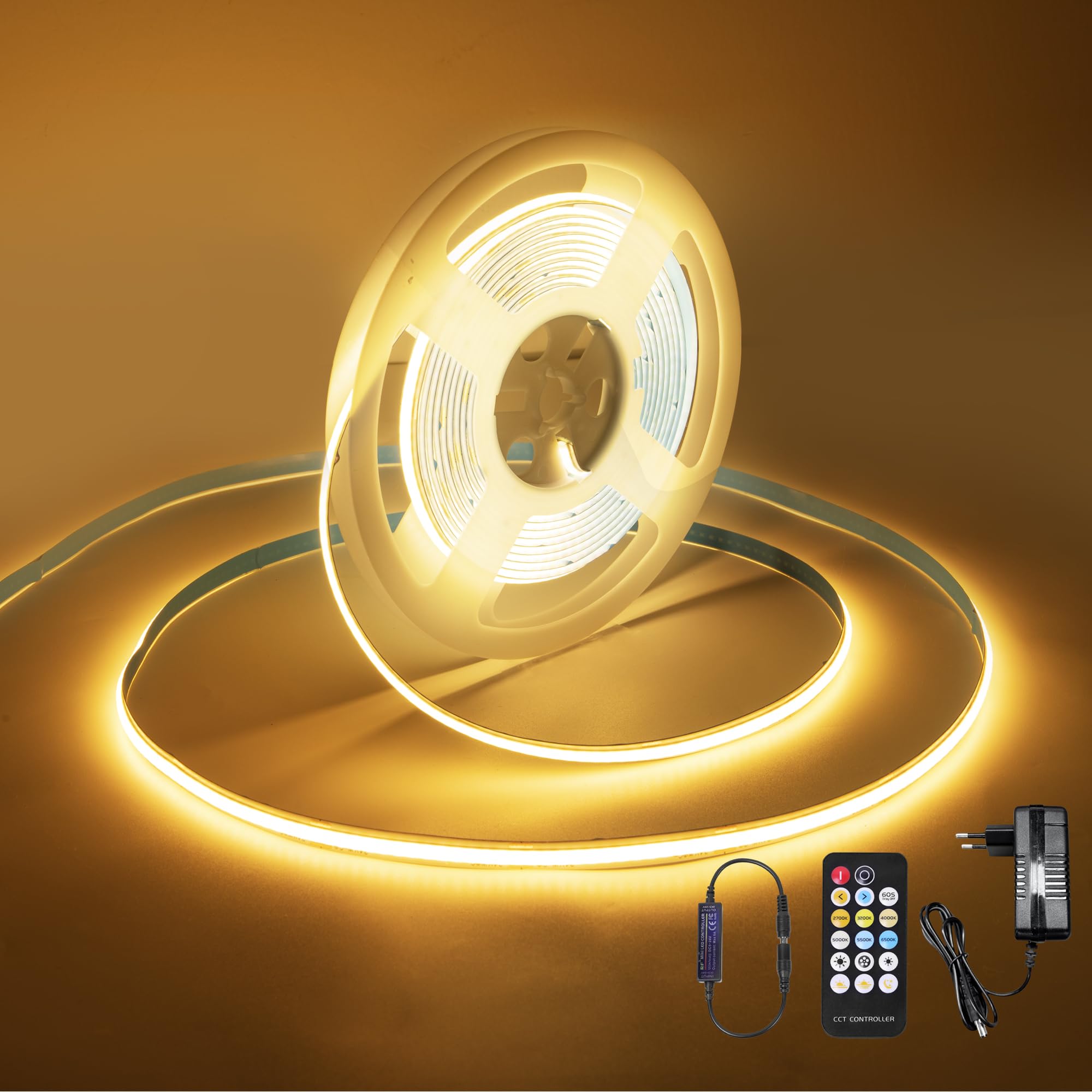 9.84 ft COB LED Strip Lights,Warm White LED Lights for Bedroom with RF Remote,Ultra Bright 24V Cabinet Strip Lighting with Remote Control, Ambient Mood Lighting for DIY Mirror, Nightstand, Kitchen 9.84FT