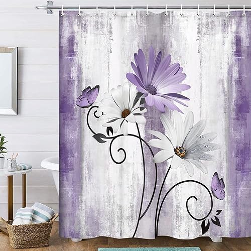 Miniatura 2 de Juego de cortinas de ducha rústicas con alfombras, margaritas moradas de granja, flores florales, mariposas, cortinas de baño de madera de campo de