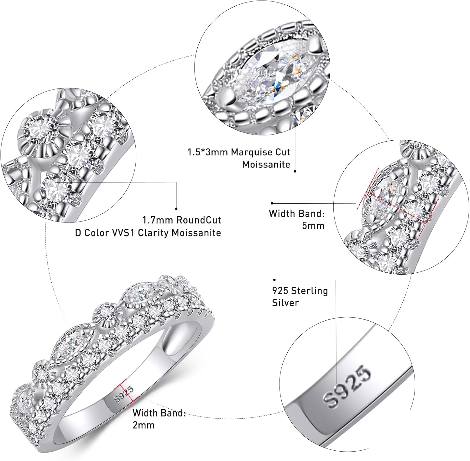 Moissanite Wedding Band 2 Row Half Eternity Ring 925 Sterling Silver D Color VVSI Clarity Imitation Diamond Rings Moissanite Engagement Anniversary Stackable Ring for Women Size 5-9 - Image 2