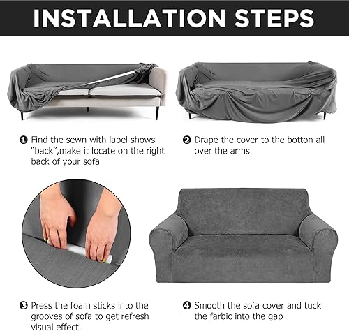 Miniatura 5 de Peryiter Juego de 3 fundas para muebles de sofá, sofá biplaza o sillón, ajuste elástico, sin arrugas, protector de muebles (gris oscuro, terciopelo)