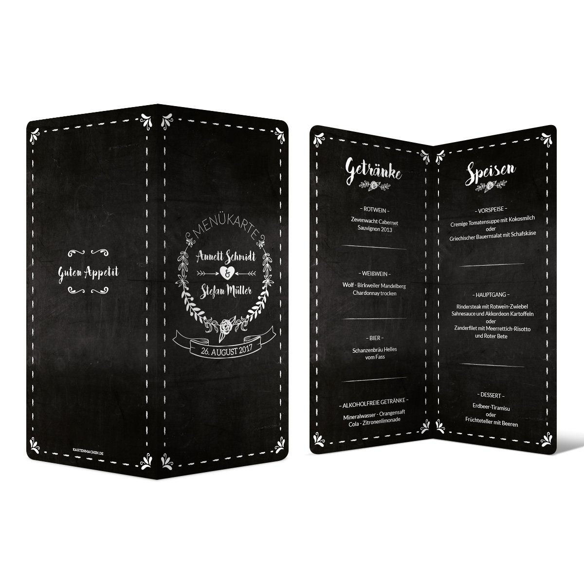 Menükarten Hochzeit (60 Stück) - Schiefer Tafel Kreide Look - Speisekarte Getränkekarte Menü