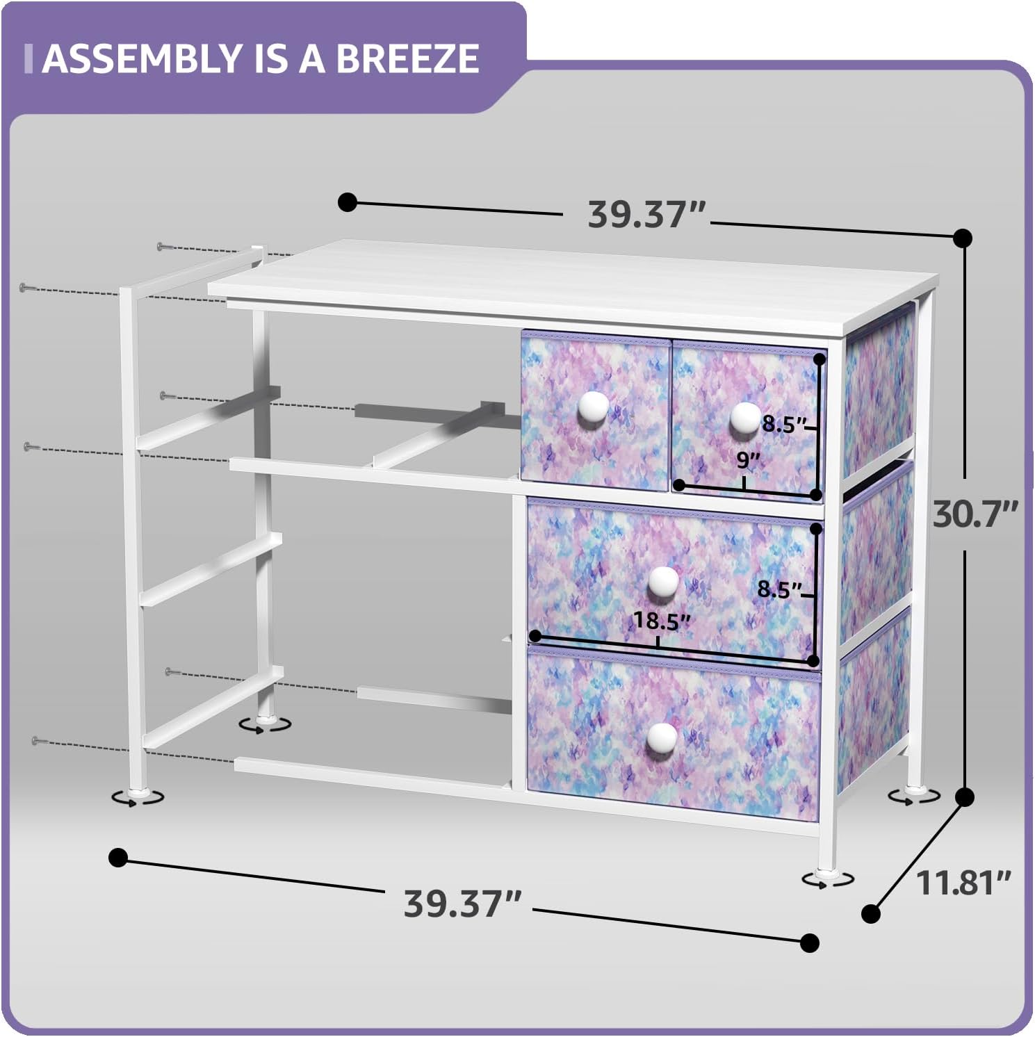 Sorbus Fabric Dresser for Kids Bedroom - Chest of 8 Drawers, Storage Tower, Clothing Organizer, for Closet, for Playroom, for Nursery, Steel Frame, Fabric Bins - Knob Handle (Tie-dye Purple)