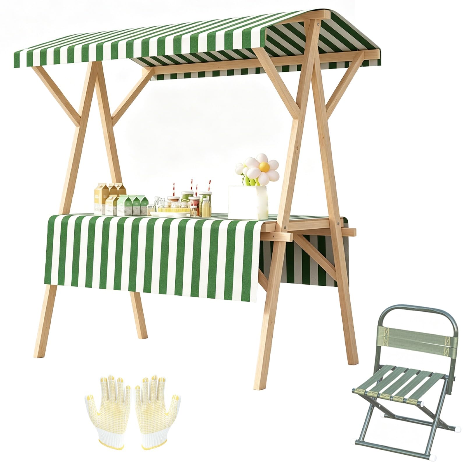 Wooden Market Stall vendor Cart with Striped Canopy, Foldable Vendor Booth with Wheels, Chair for Flea Market, 660lbs Load(Green,144x60x190cm/56x24x75in)