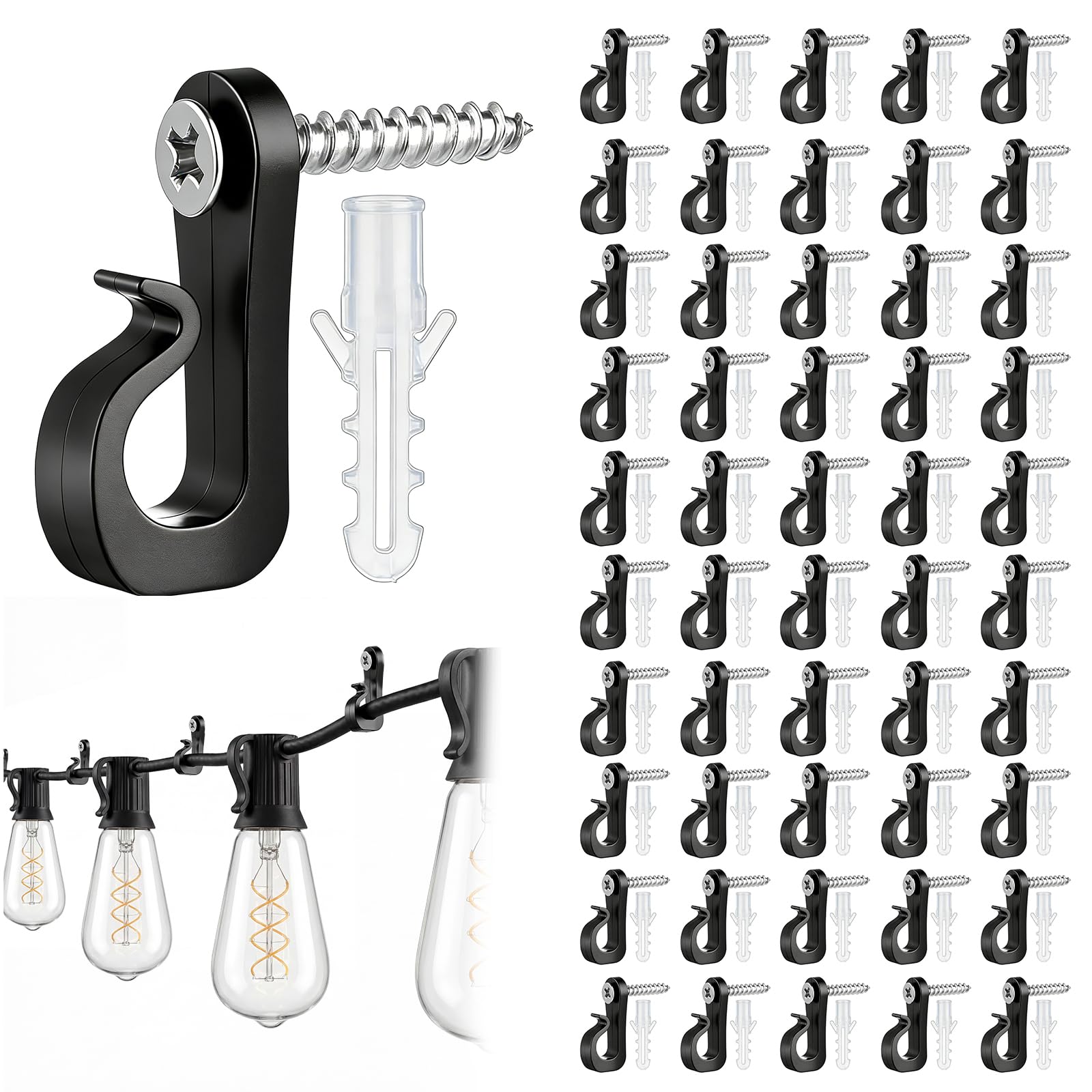 Vywtrq 50 pcs Q-Hanger Screw Hooks Outdoor String Light Hooks Screw-in Fence Clips with Safety Buckle for Garden Party Decor Indoor Outdoor Universal Hook Easy to Install