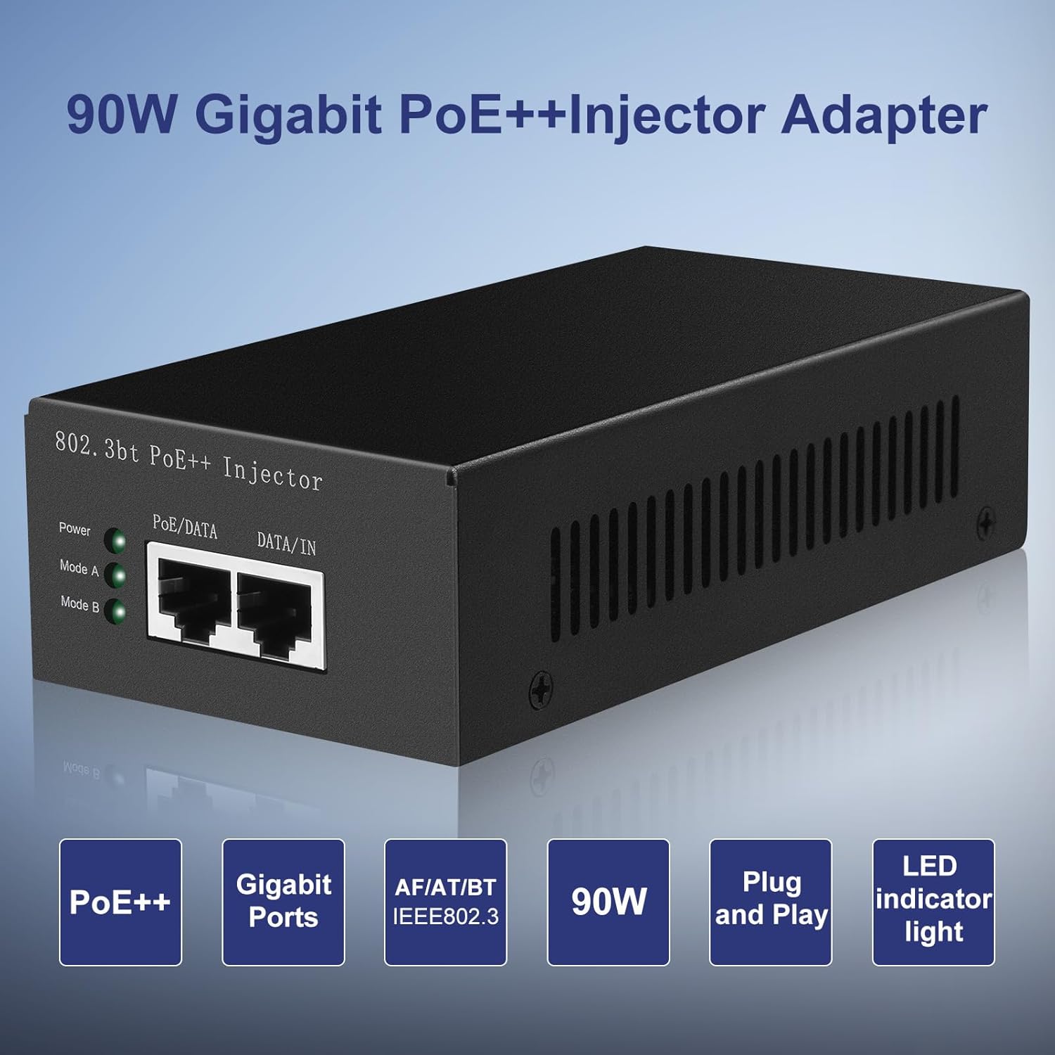 POE90 90W Gigabit Ultra PoE++ Injector Adapter, IEEE 802.3 bt /802.3at/802.3af Compliant, Up to 90W Ultra Power Supply, 10/100/1000Mbps Shielded RJ-45, Plug & Play, Metal housing