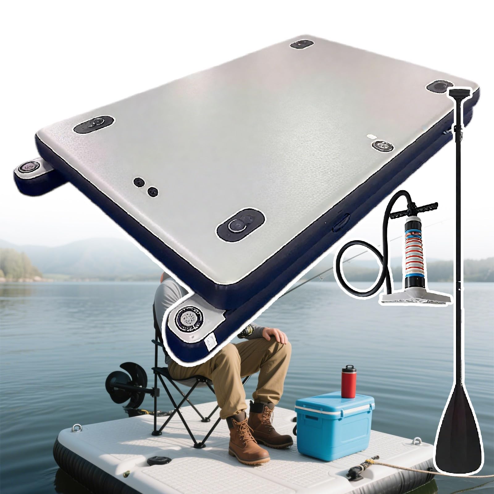 Station d'accueil flottante gonflable, plate-forme portable avec deux pontons, capacité de 220/380 kg, comprend 4 anneaux en D, pompe à air et rames, parfait pour le bateau et la rivière