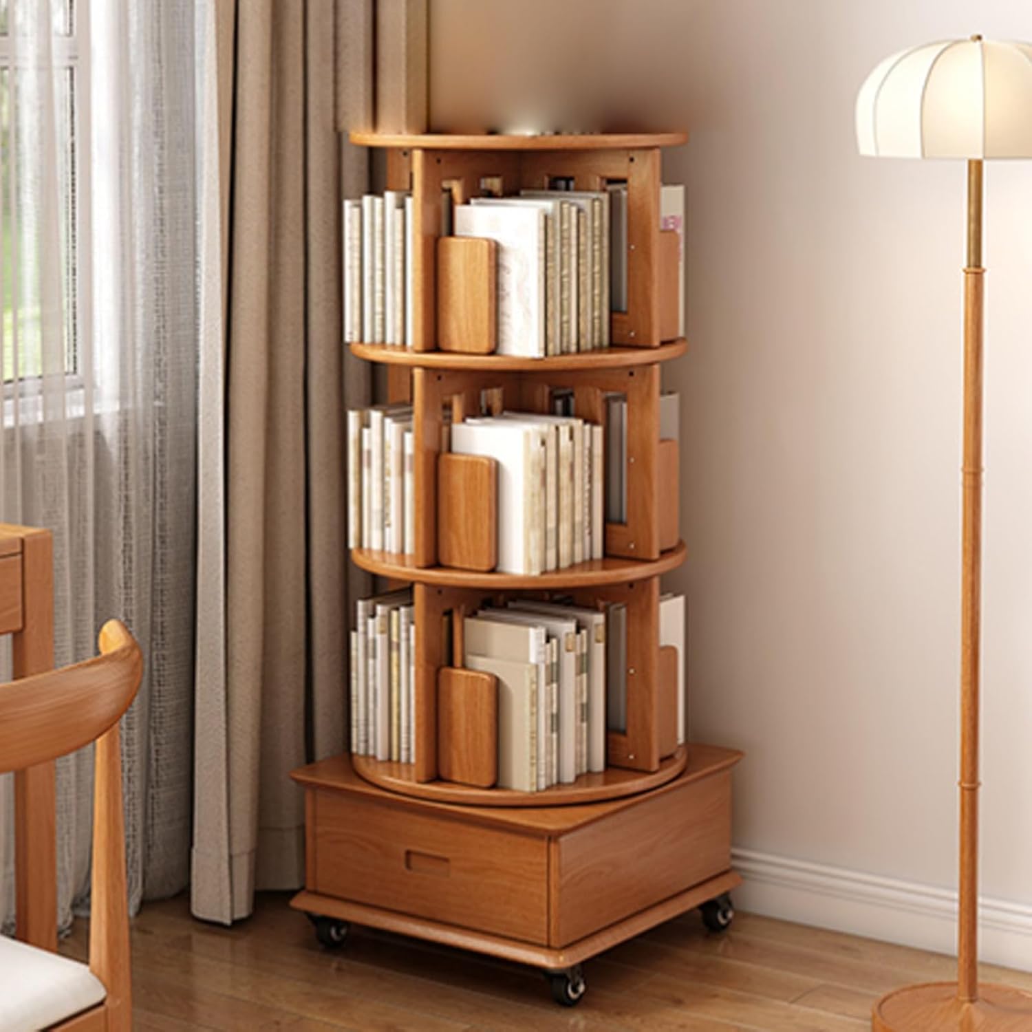 4/5 Tier 360° Rotating Bookshelf Tower Freestanding Spinning Bookshelf with Wheels Solid Wood Storage Display Rack Open Narrow Bookcase for Living Room Study Room(Cherry,48*48*122cm/18.9*18.9*48in)