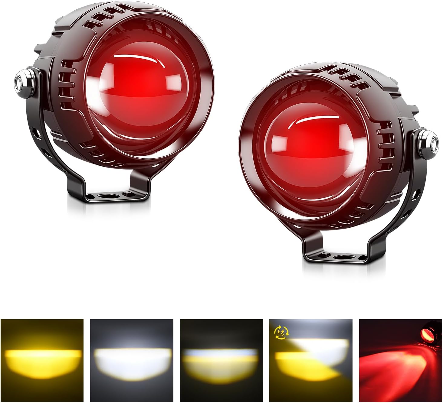 2.5inch Motorcycle 60W LED Pods Auxiliary Driving Fog Lights White/Amber LED Spotlight Projector Work Light Bar with Red DRL Compatible for SUV Pickup UTV Tractor ATV Boat,Pack of 2