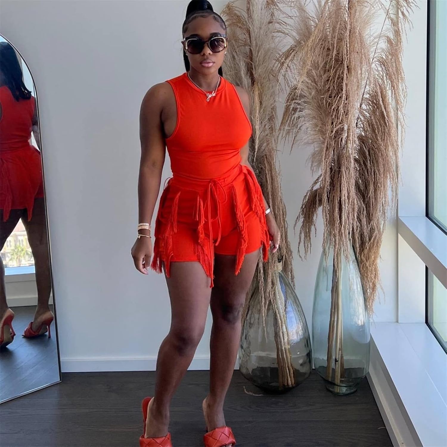 Elainone 2 Piece Outfits for Women Summer Shorts Sets Bodycon Sleeveless Tops High Waist Drawstring Shorts with Tassel - Image 2