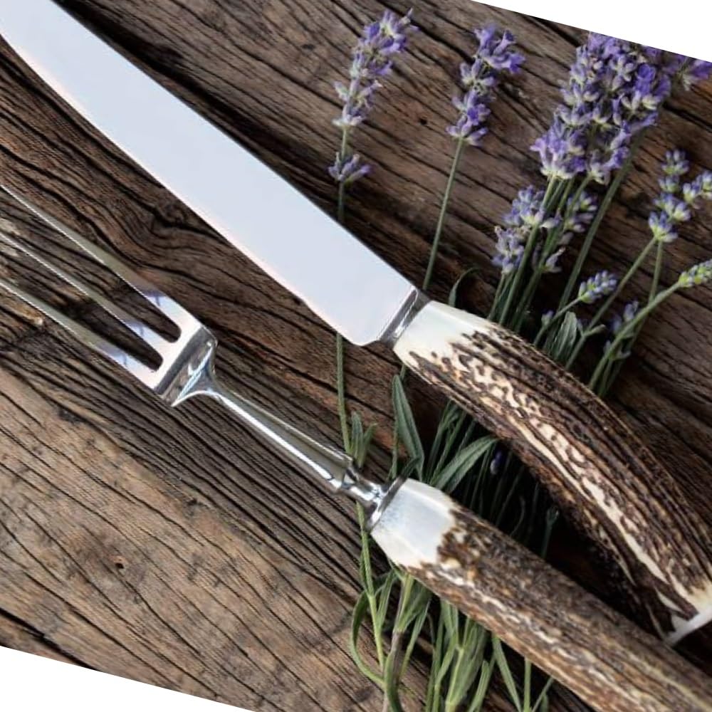 Set coltello e forchetta grandi con vero corno di cervo. caccia. 17360701