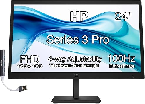 HP Series 5 524sa Thin & Light Monitor with Speakers 94C36AA#ABA (Replaces M24fwa) 24 IPS FHD Anti-Glare 300 Nits Display, Flicker-Free, 1xHDMI, White/Silver (2026 Model) w/DKZ Hub USB Port Expander