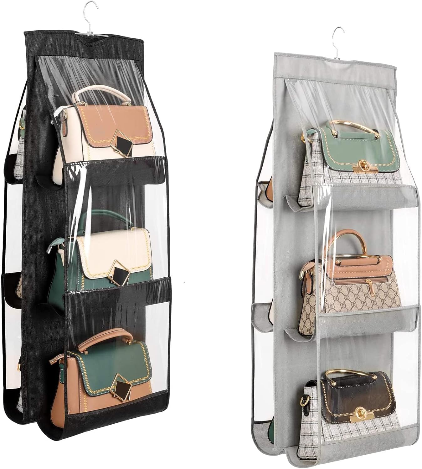 OxbOw Non-Woven Fabric 2Pcs Combo 6 Pocket Foldable Hanging Purse Handbag Organizer For Storage Ladies Women Large Clear Hand Bag Storage Organizer (2 Pcs Grey + Black)