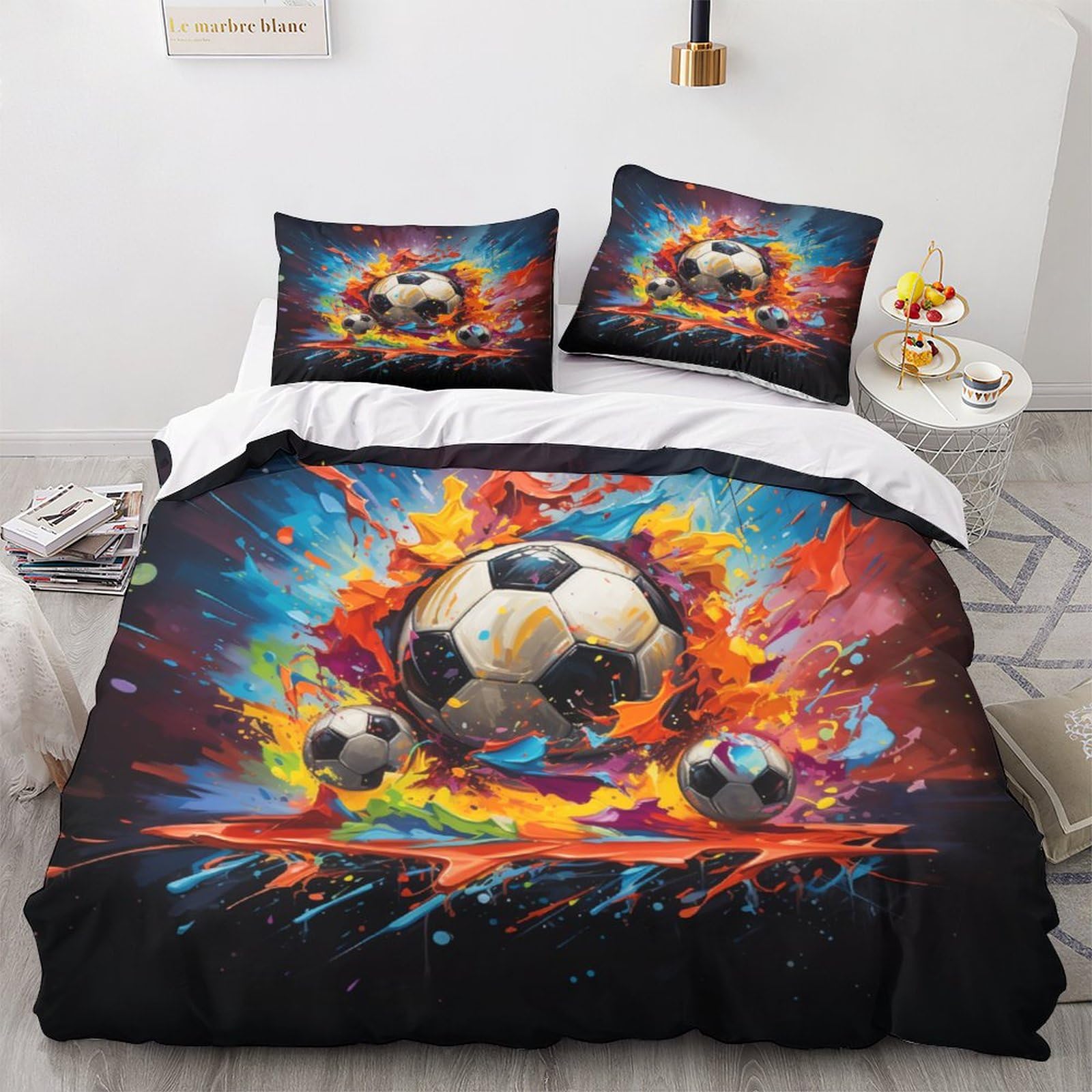 Housse de couette football 3D 200x200cm avec 2 taies d'oreiller pour lit double