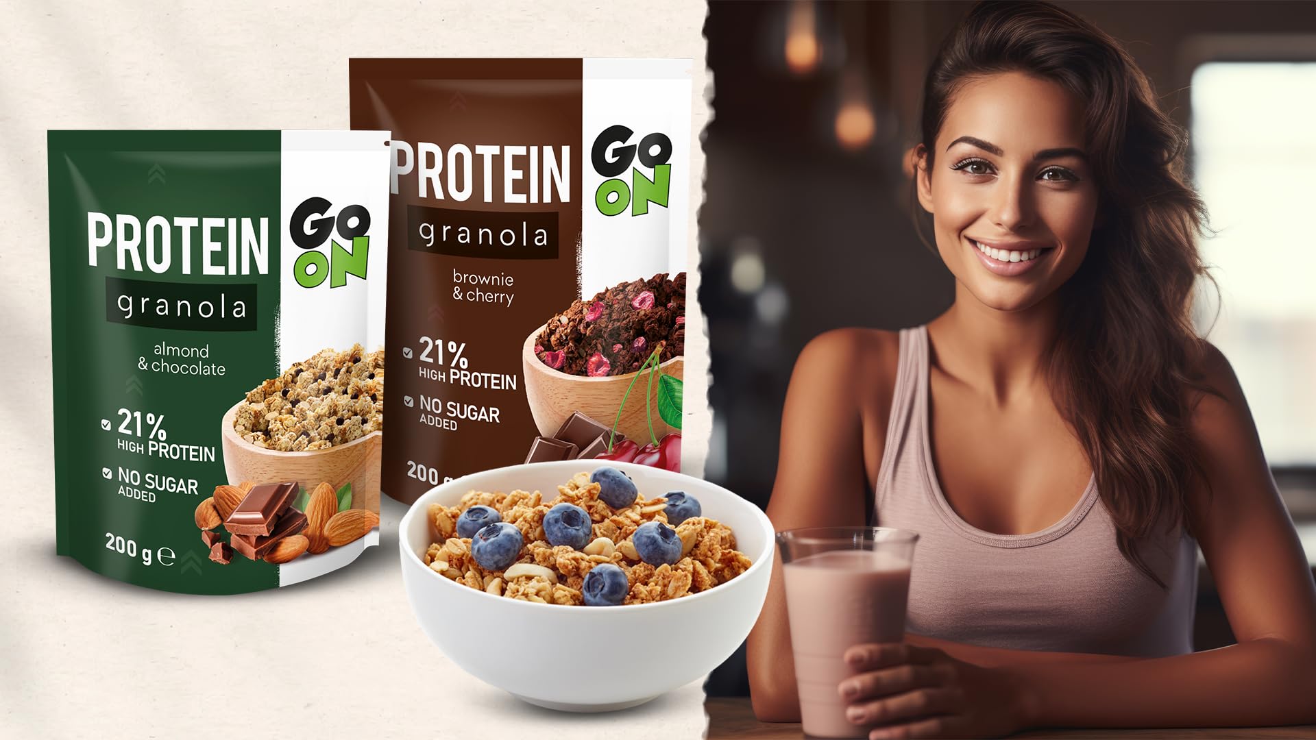 GO ON - Granola białkowa 300g, musli bez cukru, musli granola, chrupiące musli, musli z białkiem roślinnym, zdrowe musli, zdrowe śniadanie, płatki zbożowe - Brownie Cherry