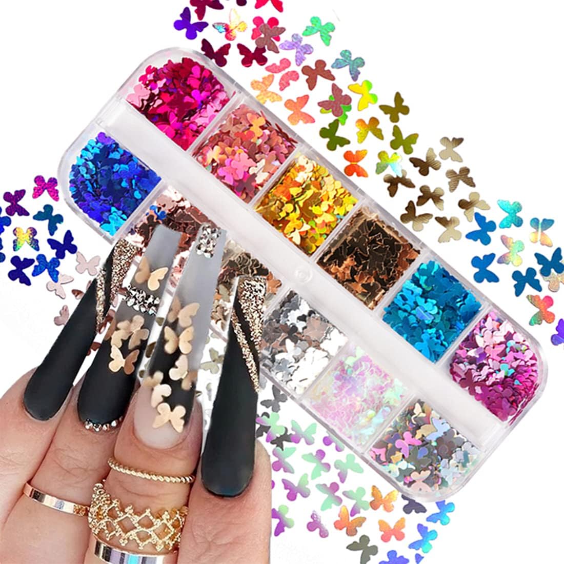 OBENIM HALIM Butterfly Nail Art Glitter Sequins 12 Colors 3D Holographic Butterfly Nail Decals Flakes for Acrylic Nails Manicure Paillettes Ultrathin Glitters Nail Supplies for Women Nail Decoration
